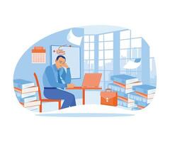 Tired businessman working in the office. Stressed by piling up work. Stress in Office concept. Flat vector illustration.