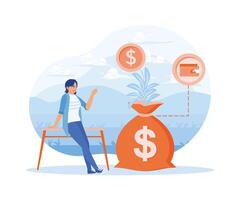 Income growth vector illustration. Businesswoman looking at money tree. Management of business income, investment, and business development. Saving Money concept. Flat vector illustration.