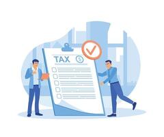 Tax audit vector illustration. The businessman, accompanied by the financial advisor, checks the tax documents. Tax payment preparation. Tax Audit concept. Flat vector illustration.