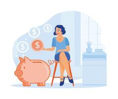 financiero administración vector ilustración. un mujer se sienta en un banco, poniendo monedas dentro un cerdito banco. ahorro dinero concepto. plano vector ilustración.