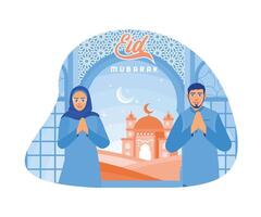 Forgive each other during Eid. Muslim couple saying Eid al-Fitr greetings. Happy Eid Mubarak concept. Flat vector illustration.
