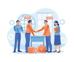 Business people and business partners shake hands on the table after making a deal. Global business cooperation. Contract agreement concept. Flat vector illustration.