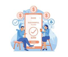 Transaction successful. People transfer money to accounts via mobile phones. Financial transactions concept. Flat vector illustration.