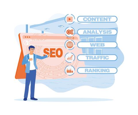 The SEO icon appears on the digital tablet screen. Male business people use digital tablets to create digital online marketing concepts and internet technology. SEO concept.