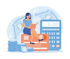 Financial management vector illustration. A woman sits over cards, holds laptops with calculators in the background, and calculates each transaction. Financial Transactions concept.
