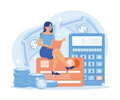 Financial management vector illustration. A woman sits over cards, holds laptops with calculators in the background, and calculates each transaction. Financial Transactions concept.