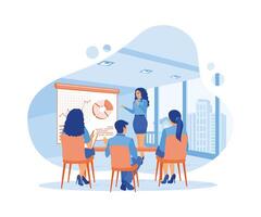 A female speaker gave a flip chart presentation to colleagues. Talk about the company business strategy and share ideas during meetings. Briefings concept. Trend Modern vector flat illustration