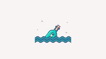 Message in bottle floating in water animation video, glass jar and letter inside at ocean cartoon clip art motion graphic design video