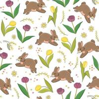 Easter rabbit with spring flowers vector seamless pattern.