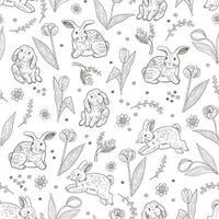 Easter rabbit with spring flowers vector seamless pattern.