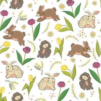 Easter rabbit with spring flowers vector seamless pattern.