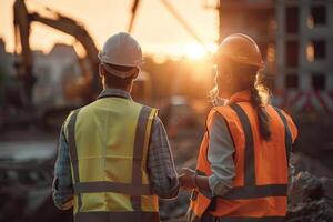 ai generado hombre y mujer trabajadores en un construcción sitio, excavador detrás ellos foto