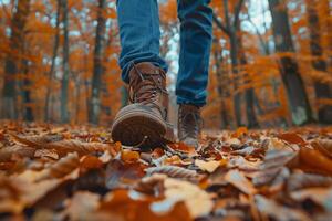 ai generado turista camina en el otoño bosque, pies de cerca foto