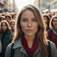 ai generado un anónimo persona soportes en medio de un borroso multitud en un bullicioso urbano ambiente, evocando un sentido de soledad foto