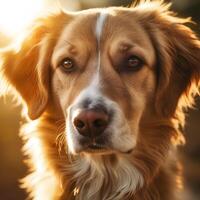 ai generado de cerca de un perro con expresivo ojos, bañado en cálido, dorado luz de sol foto