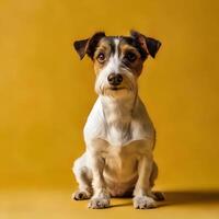 AI generated A cute, attentive dog with a mix of white and brown fur sits against a vibrant yellow background, showcasing its expressive eyes photo