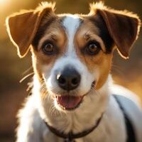 AI generated Close-up of a dog with expressive eyes, bathed in warm, golden sunlight photo