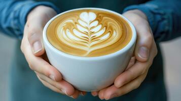 AI generated A Cup of Creativity, Barista Hands Holding a Cup of Coffee with Expertly Crafted Latte Art, Generative AI photo
