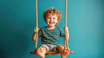 AI generated The Joy of Childhood, Carefree and Content, Happy Little Boy Having Fun on a Swing, Generative AI photo