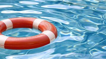 ai generado el símbolo de seguridad, un rojo boya salvavidas flotante en azul aguas, sobreviviente el abierto mar, generativo ai foto