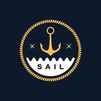 Sea logo with anchor and waves over dark background. Vector illustration in flat style. Suitable for retro sailing or ocean identity.