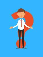 Businessman with big red question mark behind. Vector illustration in flat style