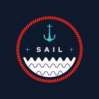 Sea logo with anchor and waves over red rounded line. Vector illustration in flat style. Suitable for retro sailing or ocean identity.