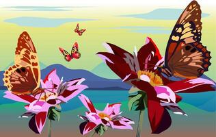 Vector butterfly is perched on beautiful colorful flowers with a view of the mountains