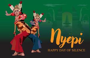 vector performance of twin female Balinese dancers in costumes and make up complete with accessories celebrating the Hindu religious Nyepi holiday on a green background beautiful view of Bali Island