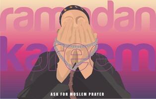 vector pedir para musulmán oración vistiendo islámico gorra con rosario tasbeeh dzikr en crepúsculo oscuridad subuh hora en Ramadán kareem Mubarak moderno estilo degradado diseño