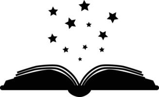 magia leyendo icono. abierto libro con grueso libro cubrir y negro suave estrellas volador fuera signo. abierto libro símbolo. plano estilo. vector