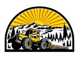 Cable Skidder Pulling Tree with Mountains in Half Circle Retro Style vector