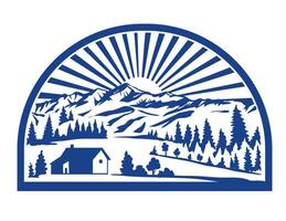 Alpine Village or Hamlet with Mountain Range and Sunburst Retro Style vector