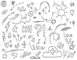 Doodle cute glitter pen line elements drawn in pencil. Doodle heart, arrow, star, sparkle decoration symbol icon set. Vector illustration.