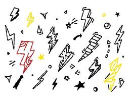 Sketch lightning. Thunder doodle, bolts electricity scribble elements. Isolated light or speed doodles graphic design. vector