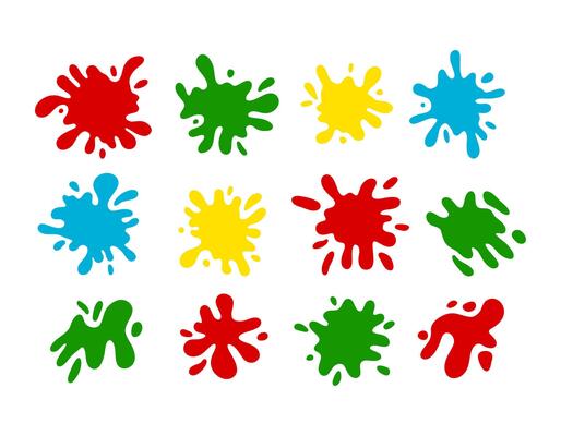 Set of paint splash colorful shapes. Round ink flat splashes, decorative shapes of liquids. Grunge splashes, drops, splashes cartoon style. Holi set. Isolated vector illustration