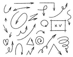 A large set of chalked arrows and frames. Various curved arrows, curls, crosses, circles and ticks are made by hand. Black charcoal drawn symbols for drawn diagrams. Vector doodle marker drawing.