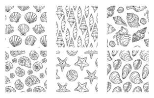 Set of seashells black and white seamless vector background. Vector graphics for textile print, paper