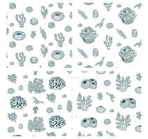 Seamless pattern with sketch of Seal Ocean life organisms shells, fish, corals and turtle. Doodle illustration for textile and paper vector