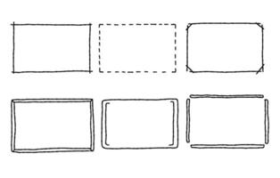 Hand drawn rectangle frames set. Doodle rectangular shape. Scribble pencil square text box.  Line border. Vector illustration isolated on white background.