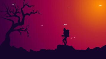 mountain climber silhouette background. Traveler climb with backpacks and travel walking sticks. silhouette of a person in the mountains. A Man hiking in the mountains. vector