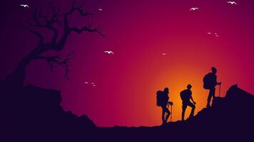 mountain climber silhouette background. Traveler climb with backpacks and travel walking sticks. silhouette of a person in the mountains. A Man hiking in the mountains. vector