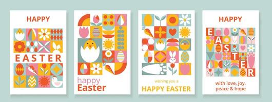 Set 4 greeting cards for Happy Easter with text. Trendy design with geometric shapes. Icons with eggs, bunny, flowers, chicken. Bauhaus style. Colorful templates for card, poster, advertising, banner vector