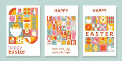 Set 3 colorful greeting posters for Happy Easter. Trendy design with geometric shapes. Stylized eggs, bunny, flowers, nestling. Bauhaus style. Creative concept for banner, invitation, branding, cover. vector