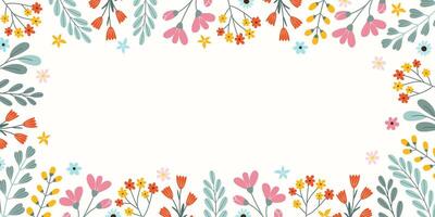 Spring or summer horizontal botanical frame with empty place for typography in flat vector style. Hand drawn tender various flowers and green leaves.