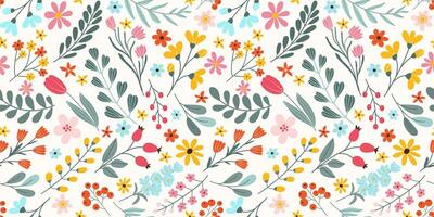 Seamless pattern with hand drawn various blooming spring flowers and leaves on white background in flat vector style. For textile, wallpaper, wrapper.