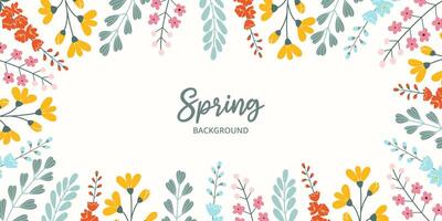 Spring or summer rectangular celebration frame on white background with place for signs in flat vector style. Hand drawn various colorful flowers, green leaves. Seasonal botanical template.