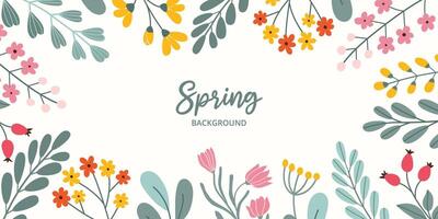 Spring rectangular festive banner on white background with place for text in flat vector style. Hand drawn blossom flowers, branches, berries. Holiday seasonal floral decoration.