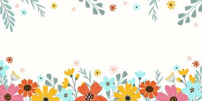 Spring rectangular festive banner on white background with place for text in flat vector style. Hand drawn big colorful flowers, branches. Holiday seasonal floral template.