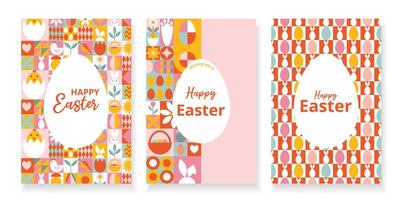 Set 3 modern greeting cards for Happy Easter with text. Design with bright geometric patterns. Squares with eggs, bunny, flowers. Bauhaus style. Template for card, poster, flyer, banner, cover vector